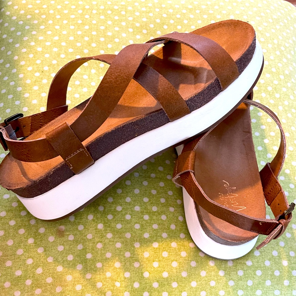 Never worn leather sandals with 1.5” base. Can be worn casual or casual dressy.
